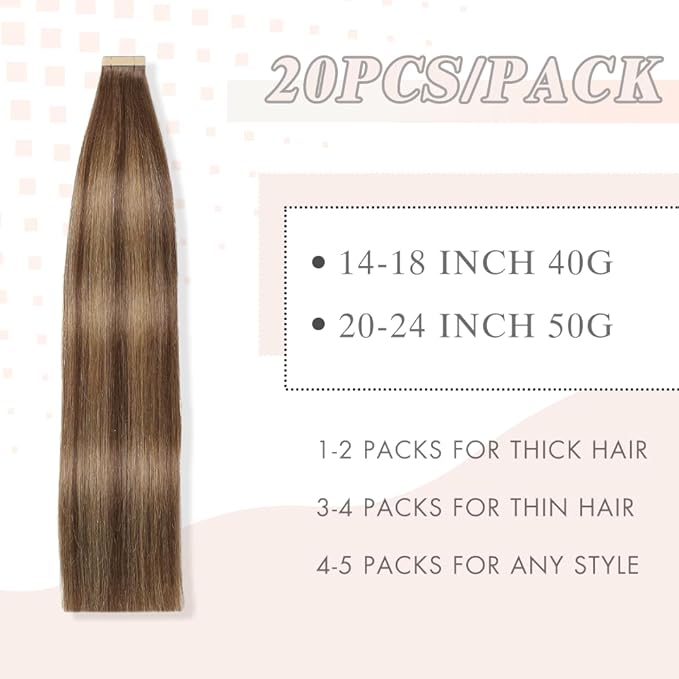 Tape in Hair Extensions Real Human Hair 24 Inch Chocolate Brown Mixed Honey Blonde Tape for Skin Weft Hair Extension Invisible Tape in Hair Extensions Human Hair for Women 20pcs (4/4/27#,24 Inch)
