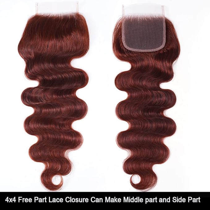 UNICE Reddish Brown Body Wave Human Hair 3 Bundles with 4x4 lace closure Free Part Brazilian Remy Hair Copper Red Wavy Bundles and Closure Colored Human Hair Extensions 16 18 20+14 inch Closure