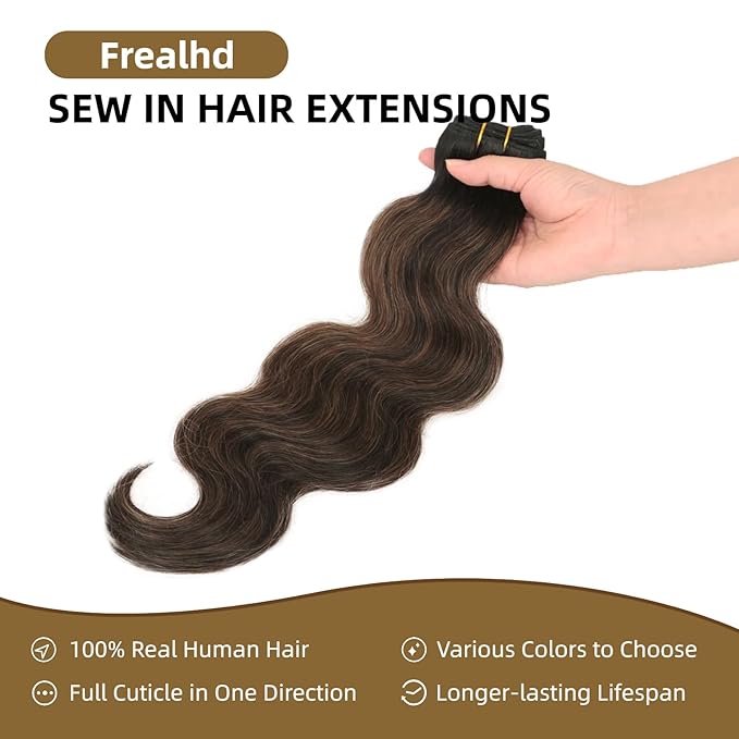 Sew in Hair Extensions Real Human Hair, 110g 16 inch Balayage Natural Black to Chestnut Brown Body Wave Bundles Remy Human Hair Weave Extensions Double Weft