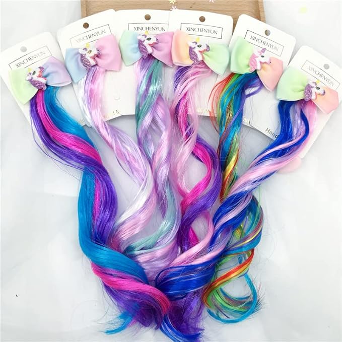 Ideal Swan 6 Set Hair Extensions Clip - Colored Straight Curly Hair Extensions for Kids Ponytails Girls, Rainbow Thick Wig Clip in Fake Bangs with Cute Unicorn Accessories (Curly Hair 02)