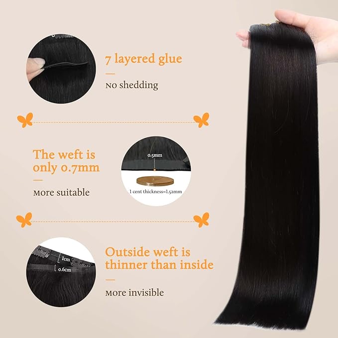 DOORES Clip in Hair Extensions, Natural Black 130g 9pcs 14 Inch, Virgin Human Hair Clip in Extensions Invisible Edge Natural Weft Gift for Girl