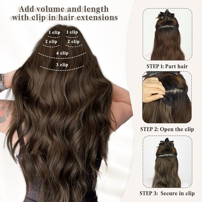 Vigorous Clip in Hair Extensions 20Inch Biscuit Brown Hair Extension 6Pcs Long Wavy Soft Synthetic Hairpieces for Women