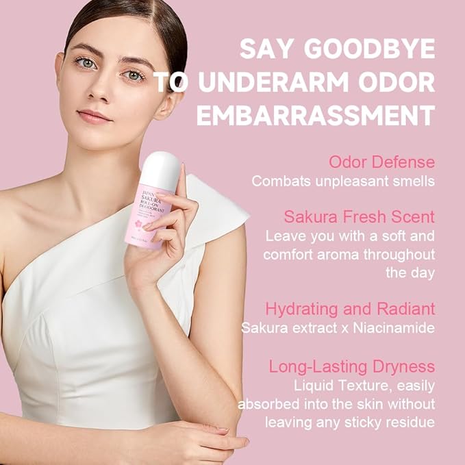 2 Pack Roll-On Sakura Deodorant Sticks for Women,Aluminum-Free Sakura Scent Roll-On Antiperspirant and Deodorant-24 Hour Sweat & Odor Protection, Moisturizing and Non-Sticky,2 Oz/Pcs
