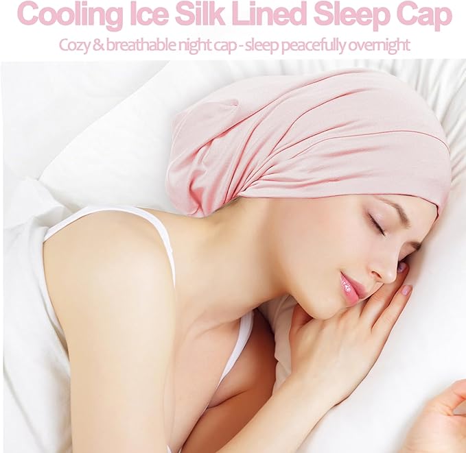 Sleep Cap Bonnet for Sleeping, Adjustable Cooling Ice Silk Lined Hair Bonnets for Natural Curly Braids Beanie Hat Women Men