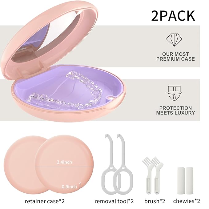 2Pack Retainer Case with Mirror, Compatible with Invisalign, Orthodontic Aligner Case with Removal Tool and Brush, Pink