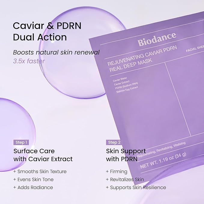 BIODANCE Rejuvenating Caviar PDRN Real Deep Mask, Overnight Hydrogel Mask, Skin Firming & Radiance Boost, Enhancing Recovery for All Skin Types, Korean Skincare, Stocking Stuffers | 1.19oz(34g) x 4ea