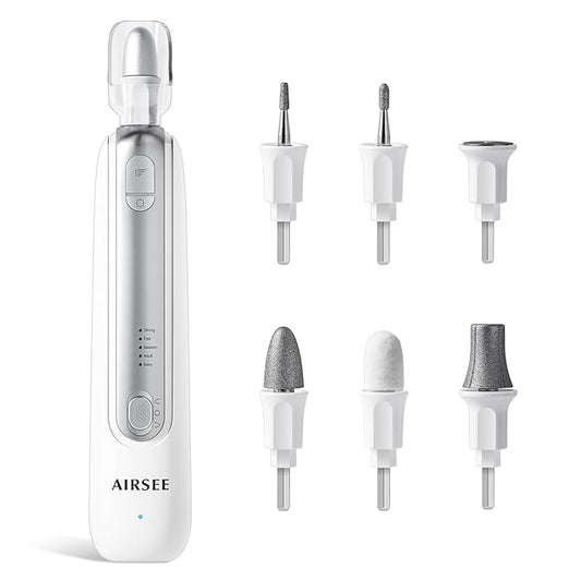 AIRSEE Professional Manicure Pedicure Kit,Cordless 6 in 1 Electric Nail File for feet,5 Speed Rechargeable Pedicure Tools for Thick Nail Toenail Cuticle, Hand Feet Trimmer Buffer for Women Men,White