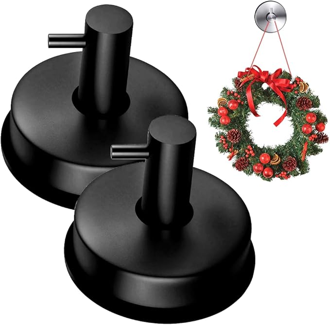 Suction Cup Hooks for Shower, 2025 New No Drill Suction Cup Hooks for Wreaths on Glass, Gold Silver Black Garland Hanger for Door Frame Wreaths Bathroom Window Mirrors (2, Black)