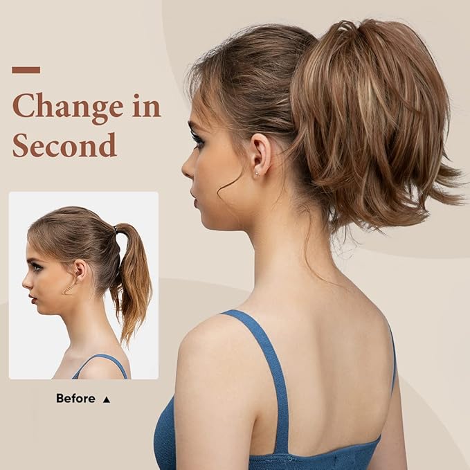 CJL HAIR Claw Clip Short Ponytail Hair Extensions Bendable Metals Messy Bun Hair piece Wavy Curly Fake Hairpieces Brunette/Ash Blonde