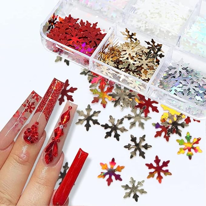 Snowflakes Nail Glitter Sequins 3D Holographic Christmas Nail Flakes Laser Gold Red Snowflakes Nail Sticker Decals for Women DIY Acrylic Nails Decorations Craft 6 Grids