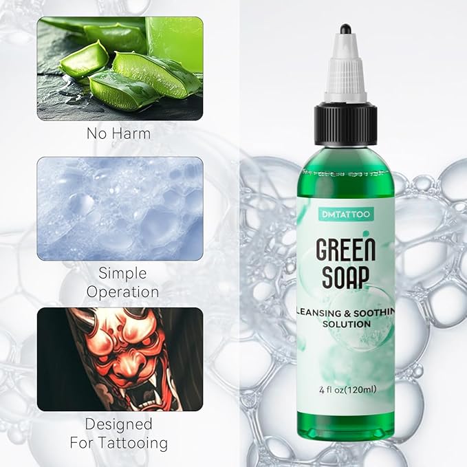 Green Tattoo Soap 4OZ with Foaming Bottle 120ml, Tattoo Supplies for Tattoos Piercings, Clean Skin