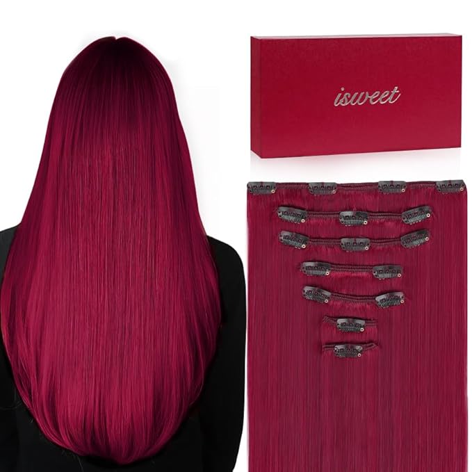 Straight Clip in Hair Extensions Real Human Hair, 7Pcs 20 Inch 110g Burgundy Red Invisible Natural Soft Remy Human Hair Extension Clip ins, Double Weft Hair Extensions Real Human Hair for Women