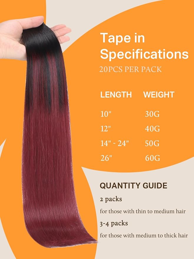 DOORES Human Hair Extensions Tape in, Ombre Jet Black to Red 60g 20pcs 26 Inch, Tape in Hair Extensions Straight Real Skin Weft