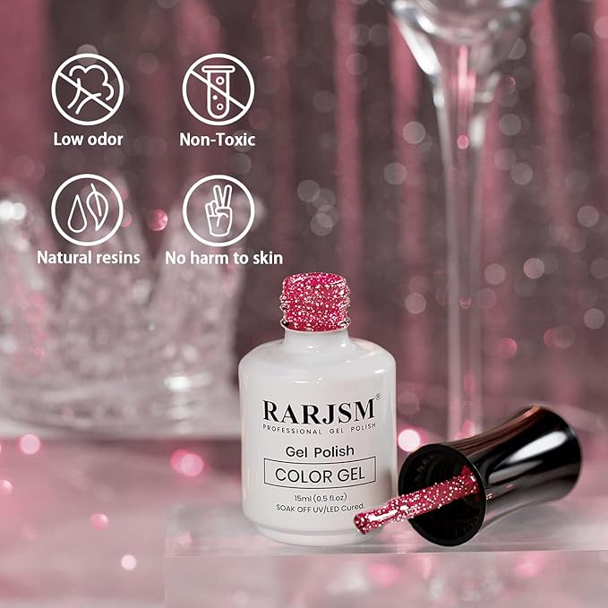 RARJSM Reflective Gel Nail Polish Hot Pink Glitter Gel Polish Neon Flash Diamond Sparkle Gelpolish Soak off UV Curing Requires 15ml Single Bottle for Salon Home Diy Nail Manicure
