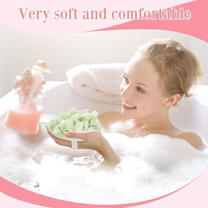 Boao 3 Pcs Bath Shower Pouf Sponge Mesh Pouf Shower Ball Exfoliating Body Sponge Pad Scrubber Glove with Flower Bath Ball (Green,Khaki,Dark Brown)