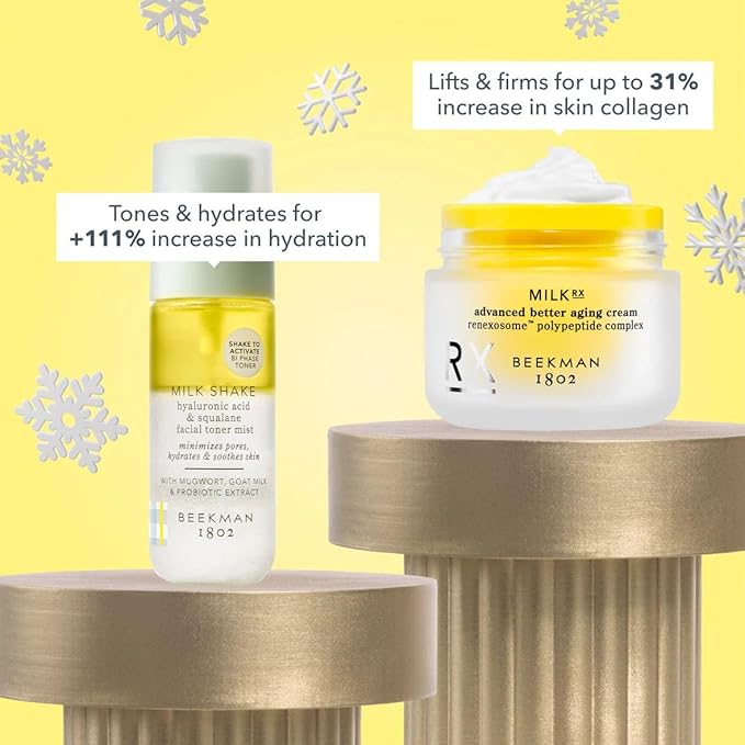 Beekman 1802 Gold Medal Glow Gift Set – 2-Piece Skincare Set Featuring Milk RX Advanced Better Aging Cream (1.69 fl oz) & Mini Milk Shake Hyaluronic Toner Mist (2 fl oz)