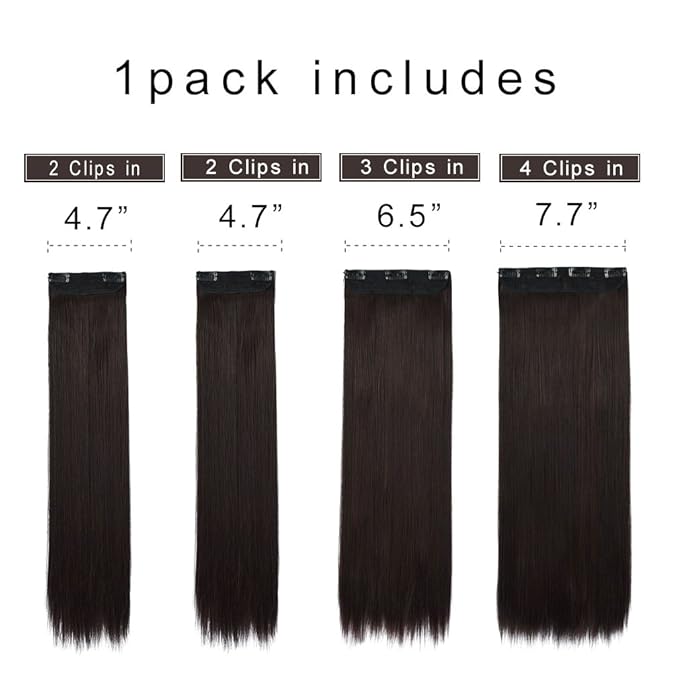 REECHO 20" Straight Long 4 PCS Set Thick Clip in on Synthetic Hair Extensions Dark Brown with Little Reddish