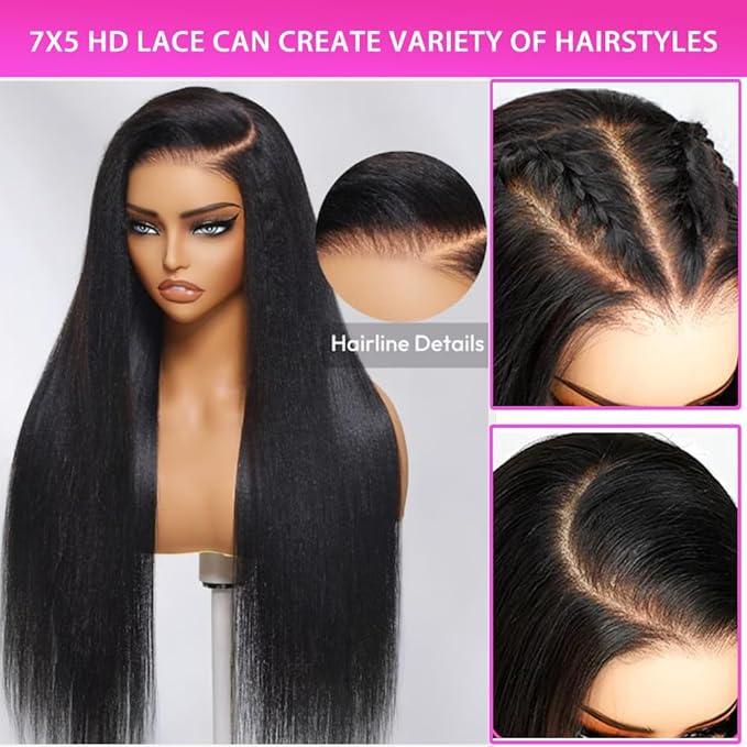Straight Glueless Pre Plucked Pre Cut 7X5 HD Lace Pre Bleached Knots Wigs Human Hair,Wear and Go Lace Front Wig with Natural Hairline Baby Hair for Black Women 200% Density 20 Inch
