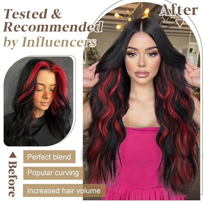 ALXNAN Clip in Long Wavy Hair Extension 24 Inch Black Red Highlights Hair Extensions 4PCS Thick Hairpieces Fiber Double Weft Hair for Women
