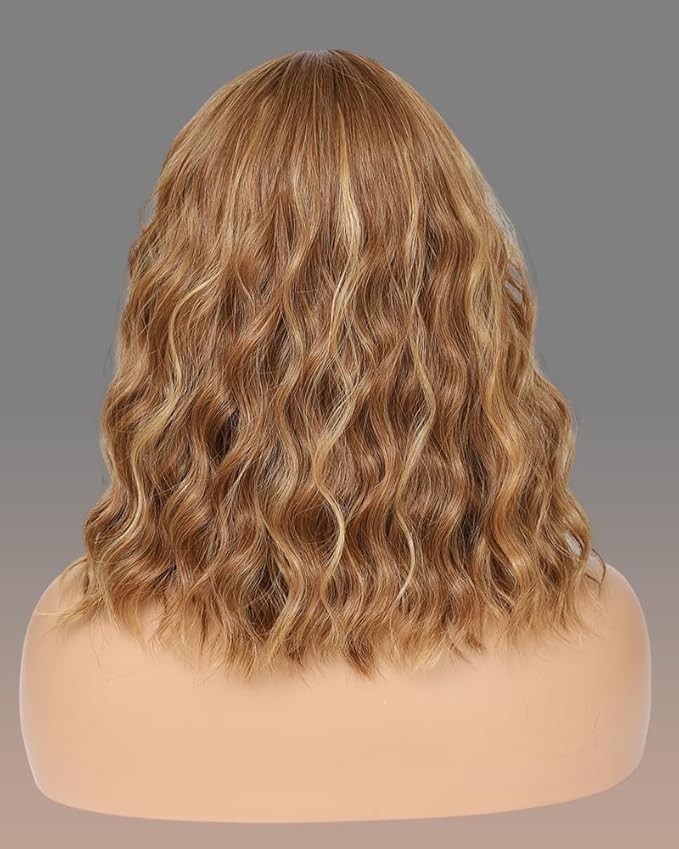 WAVE&BREEZE Honey Brown Mixed Blonde Wig with Bangs Short Curly Bob Wigs for Women 14 Inch Shoulder Length Natural Looking Hair Replacement Wigs for Cosplay Party Use