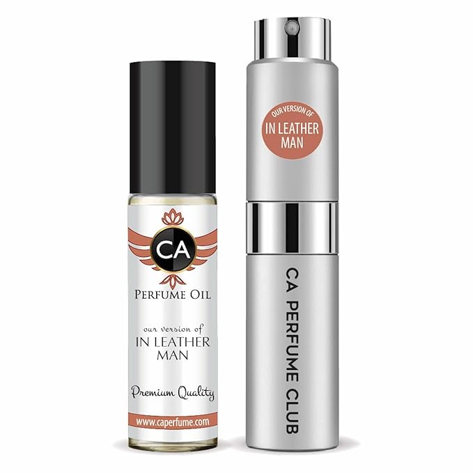 CA Perfume Duo Impression of In Leather Man For Men Perfume Layering Set Mens Cologne Long Lasting Travel Size EDP + Body Oil Roll-On Bottle 0.27 Fl Oz+0.33 Fl Oz