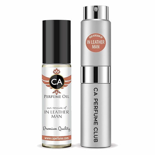 CA Perfume Duo Impression of In Leather Man For Men Perfume Layering Set Mens Cologne Long Lasting Travel Size EDP + Body Oil Roll-On Bottle 0.27 Fl Oz+0.33 Fl Oz