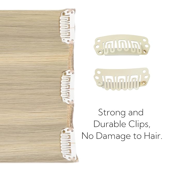 HOTBANANA Clip in Hair Extensions Real Human Hair, 5Pcs 80g 22 Inch Ash Blonde to Golden and Platinum Blonde Straight Remy Clip in Extensions