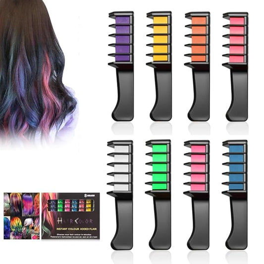 Festive Fun Hair Chalk Combs, 12 Colors Instant Washable Hair Color Comb for Girls Women, Temporary Hair Color Dye for Hair DIY Party Christmas Birthday Gifts (8 colors)