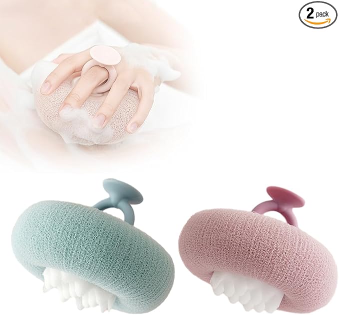 Super Soft Sunflower Suction Cup Bath Ball, 2024 Upgraded 2-in-1 Sunflower Bath Ball Exfoliating Bath Sponge Cleaning Brush, Sponge Mesh Pouf Shower Ball for Women, Men Shower (Purple+Green)