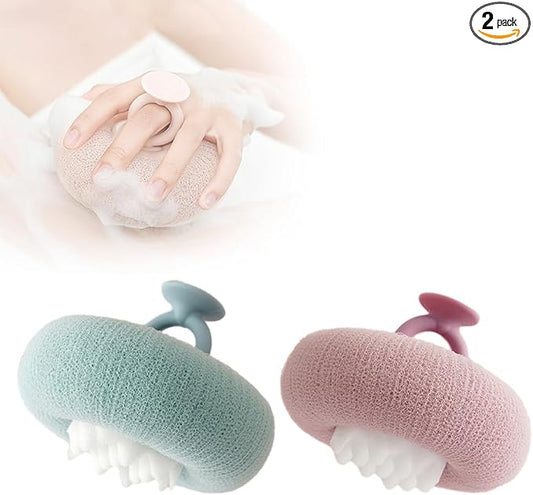 Super Soft Sunflower Suction Cup Bath Ball, 2024 Upgraded 2-in-1 Sunflower Bath Ball Exfoliating Bath Sponge Cleaning Brush, Sponge Mesh Pouf Shower Ball for Women, Men Shower (Purple+Green)