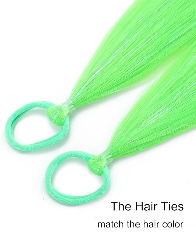 Colored Hair Extensions Neon Green Ponytail Extension 2 Packs, 20 inch Crazy Hair Day Accessories for Women, DIY Festival Wacky Rave Braids,Tinsel Mixed