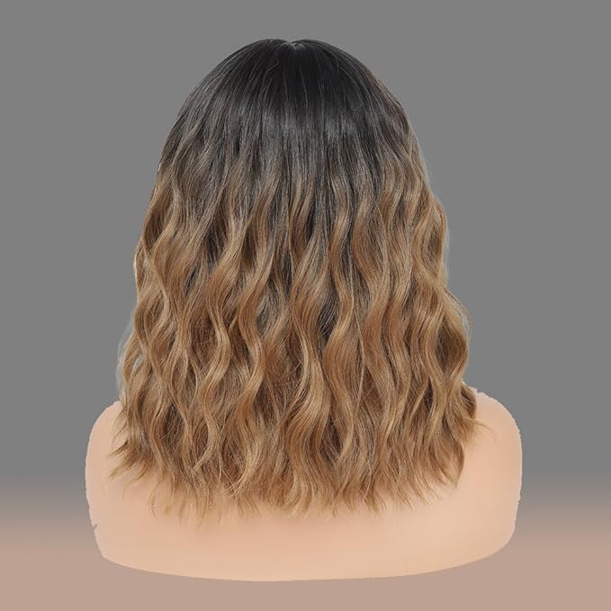 WAVE&BREEZE Bob Wig with Bangs Short Wavy Wigs for Women Medium Length Black To Brown Daily Hair Natural Looking Heat Resistant Synthetic Fibre Cosplay Party Halloween Costume Wig