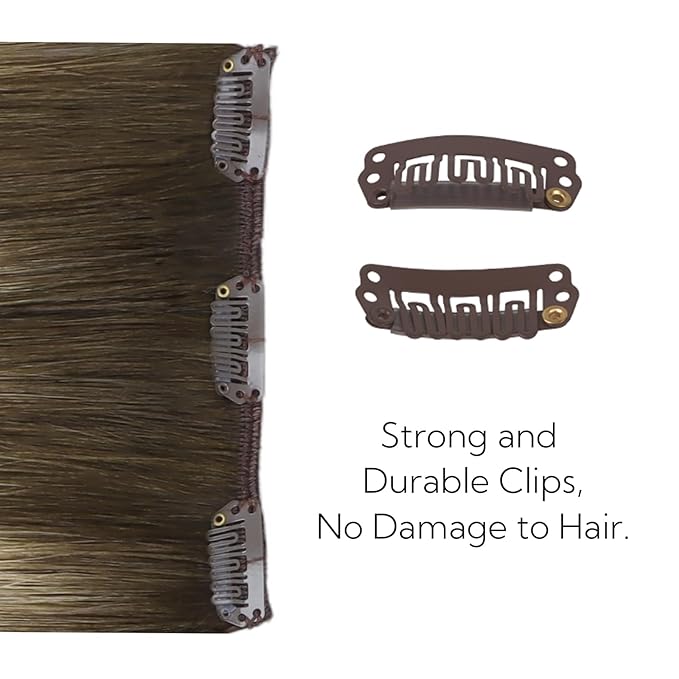 HOTBANANA Real Human Hair Clip in Hair Extensions, 5Pcs 80g 20 Inch Ombre Walnut Brown to Ash Brown and Bleach Blonde Straight Remy Clip in Extensions