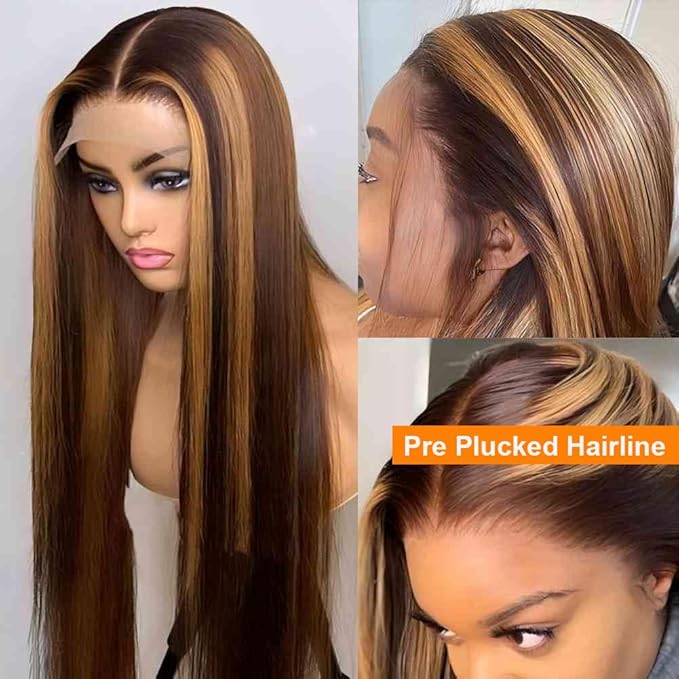 Tuneful 30 Inch Ombre Lace Front Wig Human Hair Highlight 4/27 Honey Blonde Colored Wigs 180% Density 13X6 Straight Lace Frontal Wig for Women