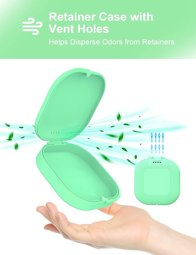 HEMILAB® Retainer Case, Slim Aligner Case with Vent Holes, Compatible with Invisalign, Mouth Guard Case, Cute Retainer Case with Retainer Removal Tool and Brush, Green