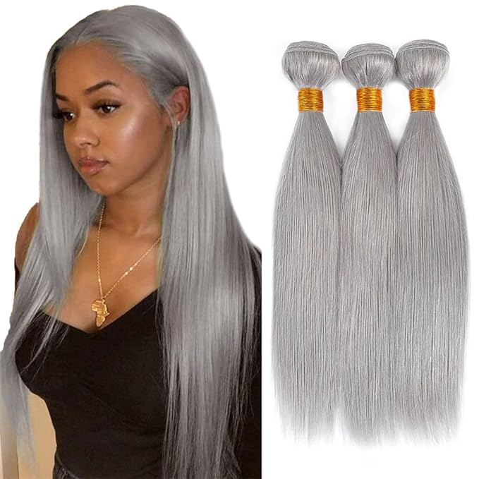 Freiuoke Silver Human Hair Bundles Grey Straight Bundle Gray Hair Weave 3 Bundles 22 24 26 Inch Gray Color Long Hair Extensions