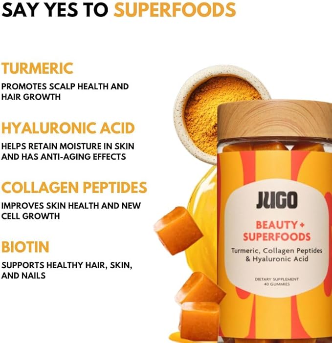 JUGO Beauty + SUPERFOODS Hair, Skin and Nails Collagen Gummies, Hyaluronic Acid and Turmeric Supplement, Cruelty-Free, Gelatin-Free and Gluten-Free Gummy Vitamins, Non-GMO, Made in USA, 40 Count