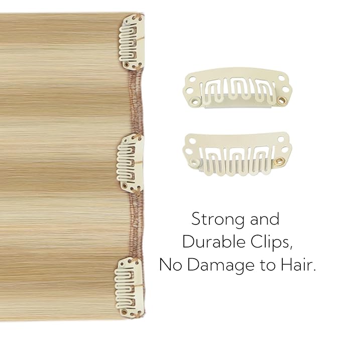 HOTBANANA Real Human Hair Clip in Hair Extensions, 5Pcs 60g 14 Inch Dirty Blonde Mixed Bleach Blonde Straight Remy Clip in Extensions