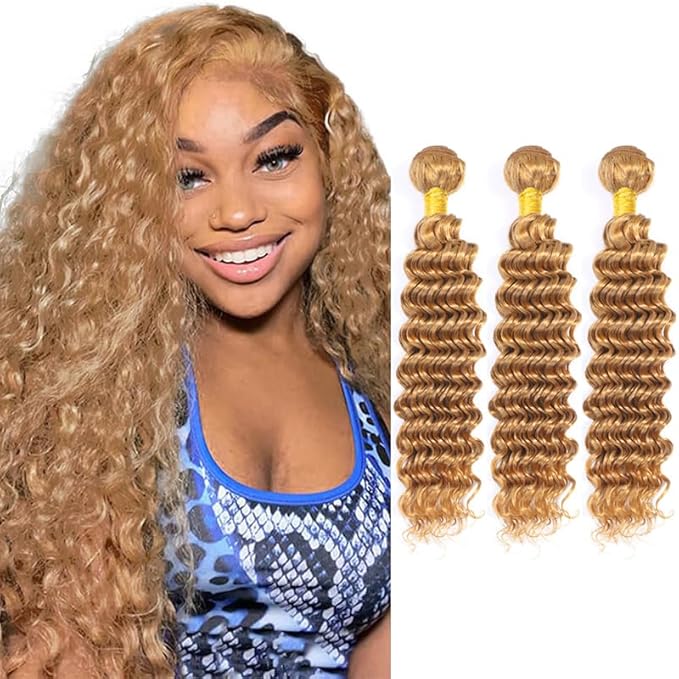 28 30 32 Inch Blonde Bundles Human Hair #27 Honey Blonde Deep Wave 3 Bundle Unprocessed Brazilian virgin hair Weave Extensions Double Weft 50 Grams/Bundle Colored Blonde Bundles for Woman