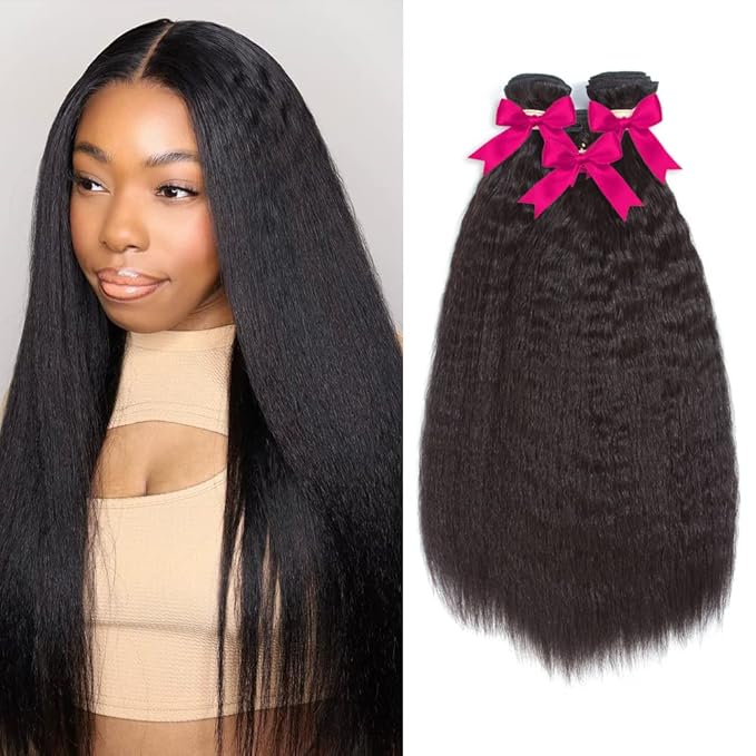 Kerriana Kinky Straight Human Hair Bundles, 26 28 30 Inch Bundles Human hair Natural Color 3pcs Long Yaki Straight For Black Women