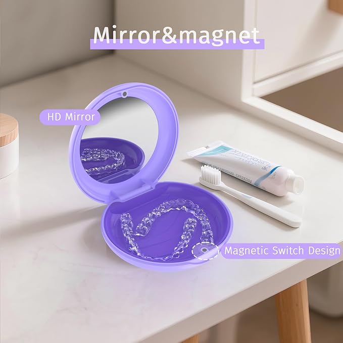 2Pack Retainer Case with Mirror, Compatible with Invisalign, Orthodontic Aligner Case with Removal Tool and Brush, Purple