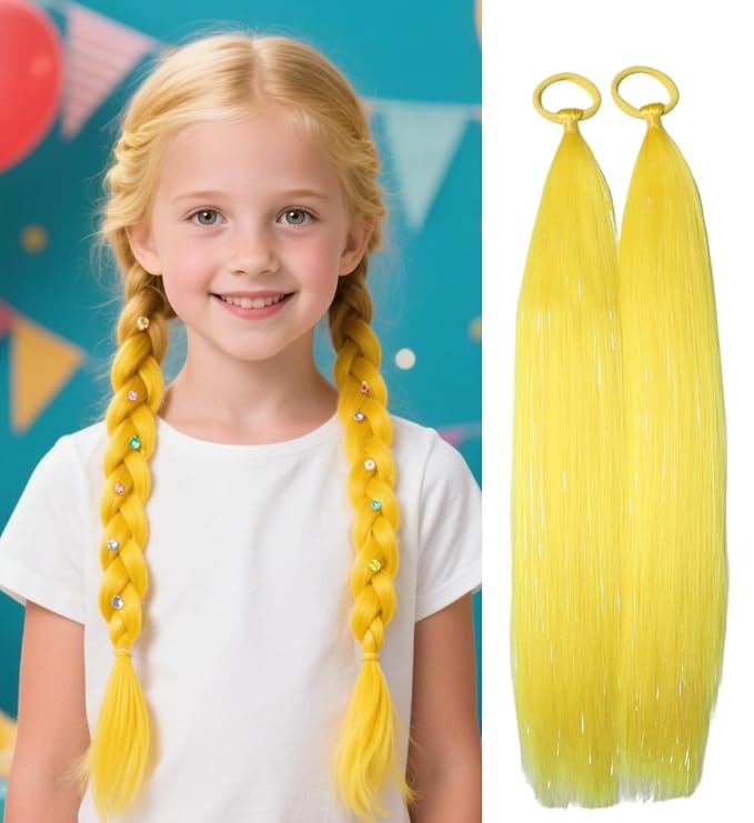 Yellow Hair Extensions for Braids Ponytail Extension 2 Packs, 20 inch Crazy Hair Day Accessories for Women, DIY Festival Wacky Rave Braids,Tinsel Mixed