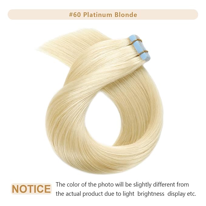 YILITE Glue in Brazilian Human Hair Blonde Tape Hair Extensions 24 Inch Skin Weft Hair Extensions Color 60 Platinum Blonde(24 Inch #60 Platinum Blonde)
