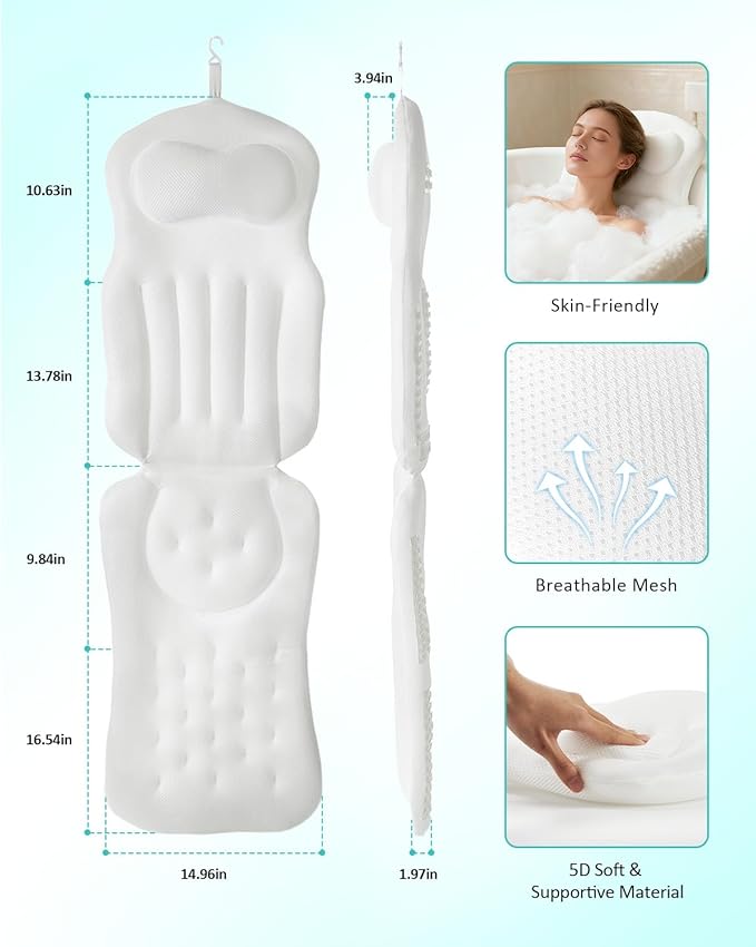 Full Body Bath Pillow for Bathtub, 5D Thick Tub Pillow for Bathtub with 192 Non-Slip Suction Cups, Laundry Bag & Hook, Bathtub Pillow for Head, Neck & Back Support (White, 51"*15")