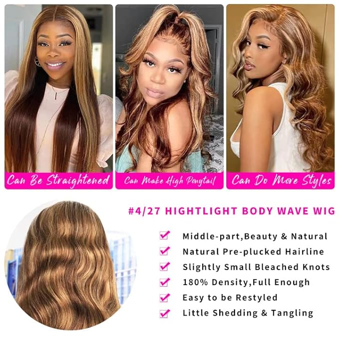 Aicrelery Highlight Ombre 13x6 Lace Front Wig Human Hair Pre Plucked 13x6 HD Transparent 4/27 Honey Blonde lace frontal Wigs with Baby Hair 180% Density Body Wave Lace Front wig for Women 24 Inch