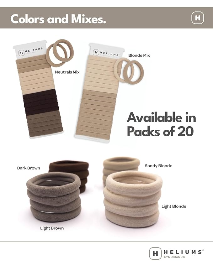 Heliums Soft Hair Ties - No Damage Seamless Nylon Fabric Bands, Stretchy Ponytail Holders for Thin & Thick Hair - Standard 1.5 Inch, Blonde Mix, 20 Pack