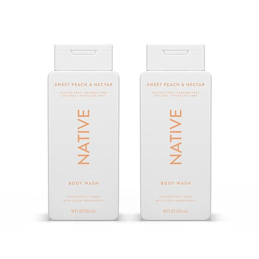 Native Body Wash Contains Naturally Derived Ingredients | For Women & Men, Sulfate, Paraben, & Dye Free Leaving Skin Soft and Hydrating | Sweet Peach & Nectar 18 oz - 2 Pk