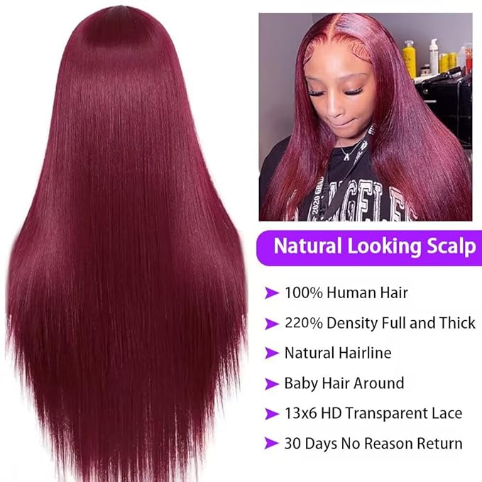 CHEETAHBEAUTY 99j Burgundy Lace Front Wigs Human Hair 30Inch 13x6 Burgundy Wig Human Hair 220% Density Brazilian Virgin Straight Human Hair Wigs for Women Pre Plucked with Baby Hair