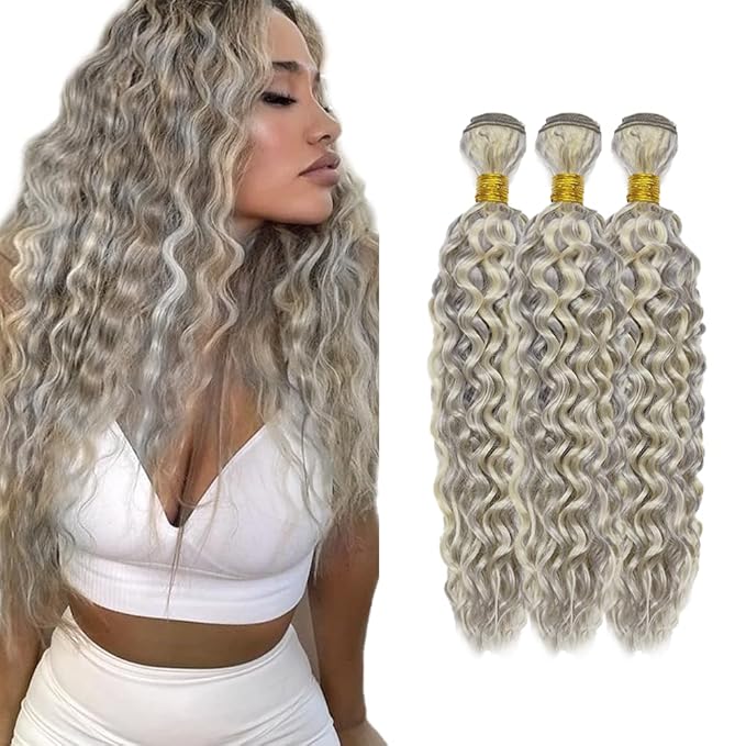 18 20 22 Inch Blonde Bundles Human Hair P613/grey Water Wave 3 Bundle Unprocessed Brazilian virgin hair Weave Extensions Double Weft 50 Grams/Bundle Colored Highlight Grey Bundles for Woman