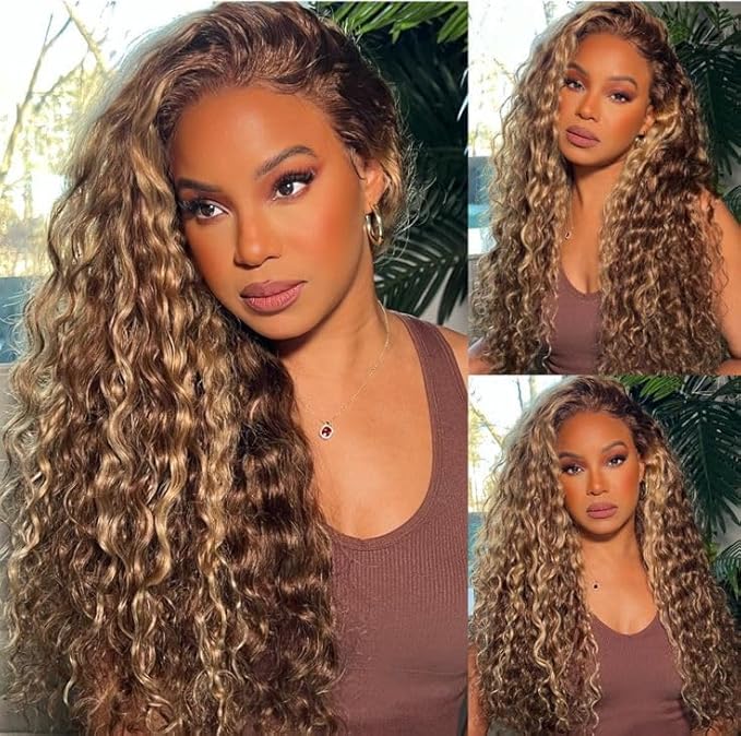 32 Inch Highlight Ombre Human Hair Wigs 13x6 HD Honey Blonde Deep Wave Lace Front Wigs Human Hair 180 Density Glueless Deep Wave 4/27 Colored Wet and Wavy Curly Wig Pre Plucked for Women